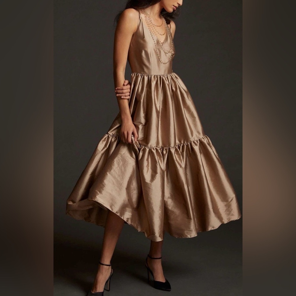 Bloni x Anthropologie Champagne Bronze Tiered V Neck Maxi Dress  Size Small